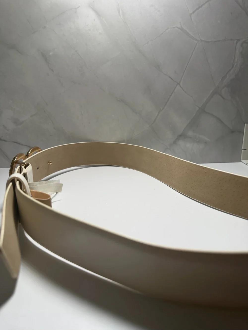 White faux leather interlocking double gold circle metal buckle womens belt